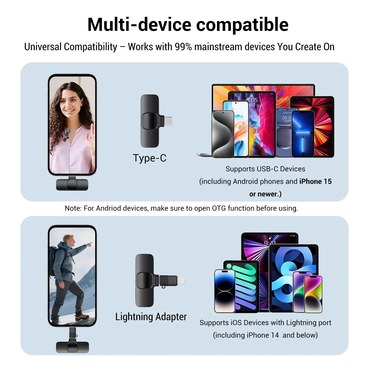 HITOZON Wireless Lavalier Microphone with Noise Reduction - Plug-And-Play Portable USB-C Lapel Mic for Iphone 15/16/17, Ipad, Android Smartphones, Camera Audio Recording - Mini Wireless Microphone Phone Accessories for Vlog, Youtube