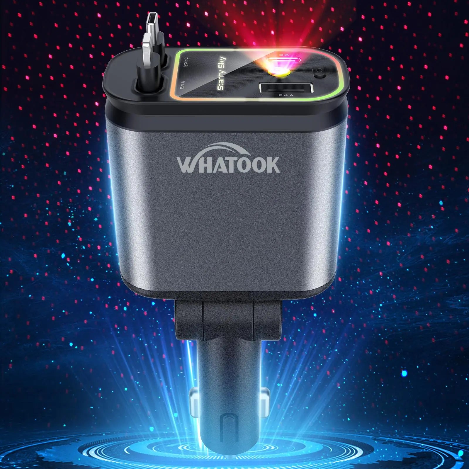 WHATOOK 4-In-1 USB Car Charger - Fastcharging, Dual Ports, Retractable Lightning Connector, Starlight Roof Light, Portable Adapter for Travelers, Daily Users, Iphone, Android, Ipad, Switch (Auto Car Interior Accessory), Portable Phone Charger, Phone Charg