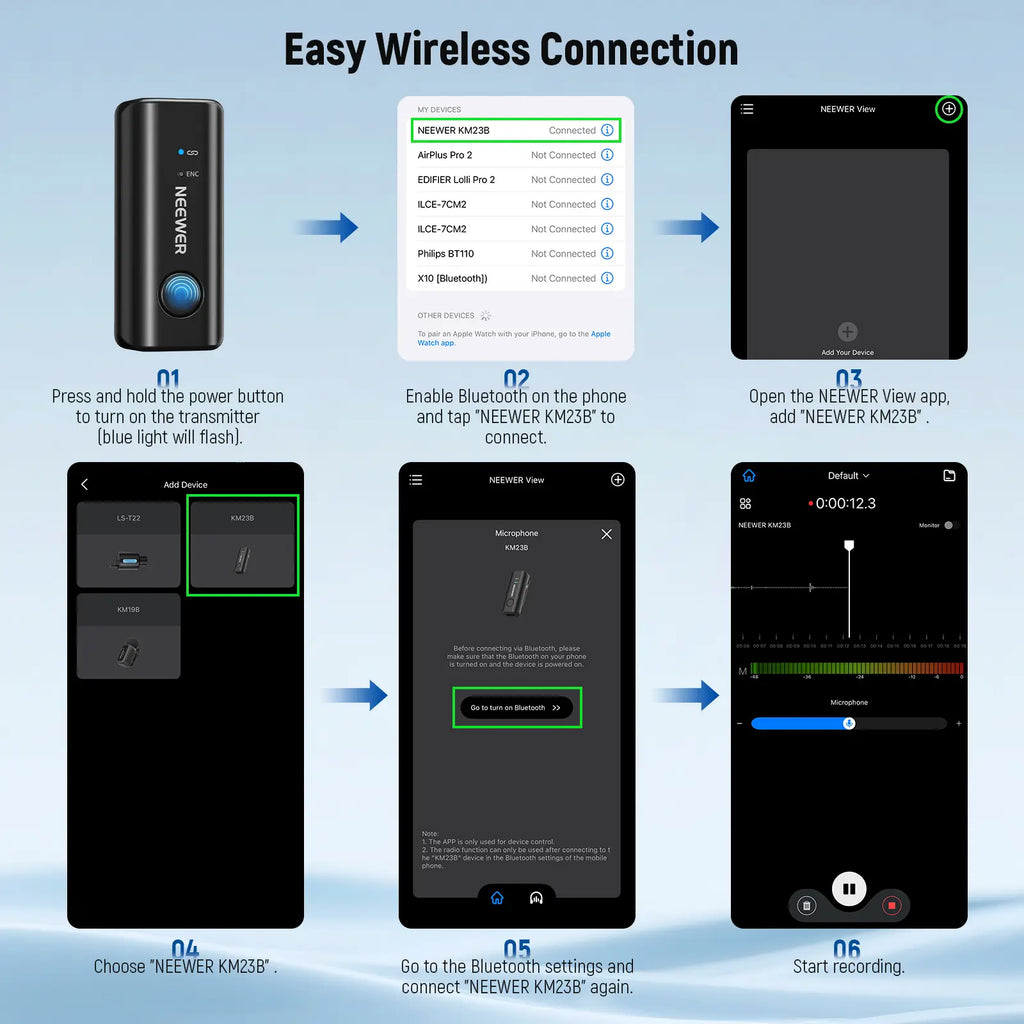 NEEWER Wireless Lavalier Microphone Bluetooth App Control, Compatible with Iphone Android 8Hrs Battery Vocal Enhancement Noise Cancellation Volume Adjustment Low Cut for Streaming Vlogging, KM23/KM23B/KM23C