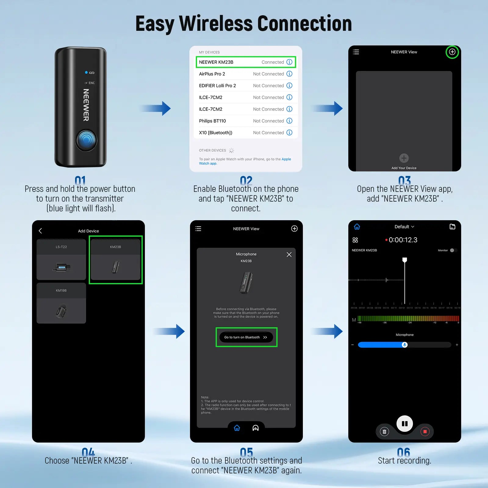 NEEWER Wireless Lavalier Microphone Bluetooth App Control, Compatible with Iphone Android 8Hrs Battery Vocal Enhancement Noise Cancellation Volume Adjustment Low Cut for Streaming Vlogging, KM23/KM23B/KM23C