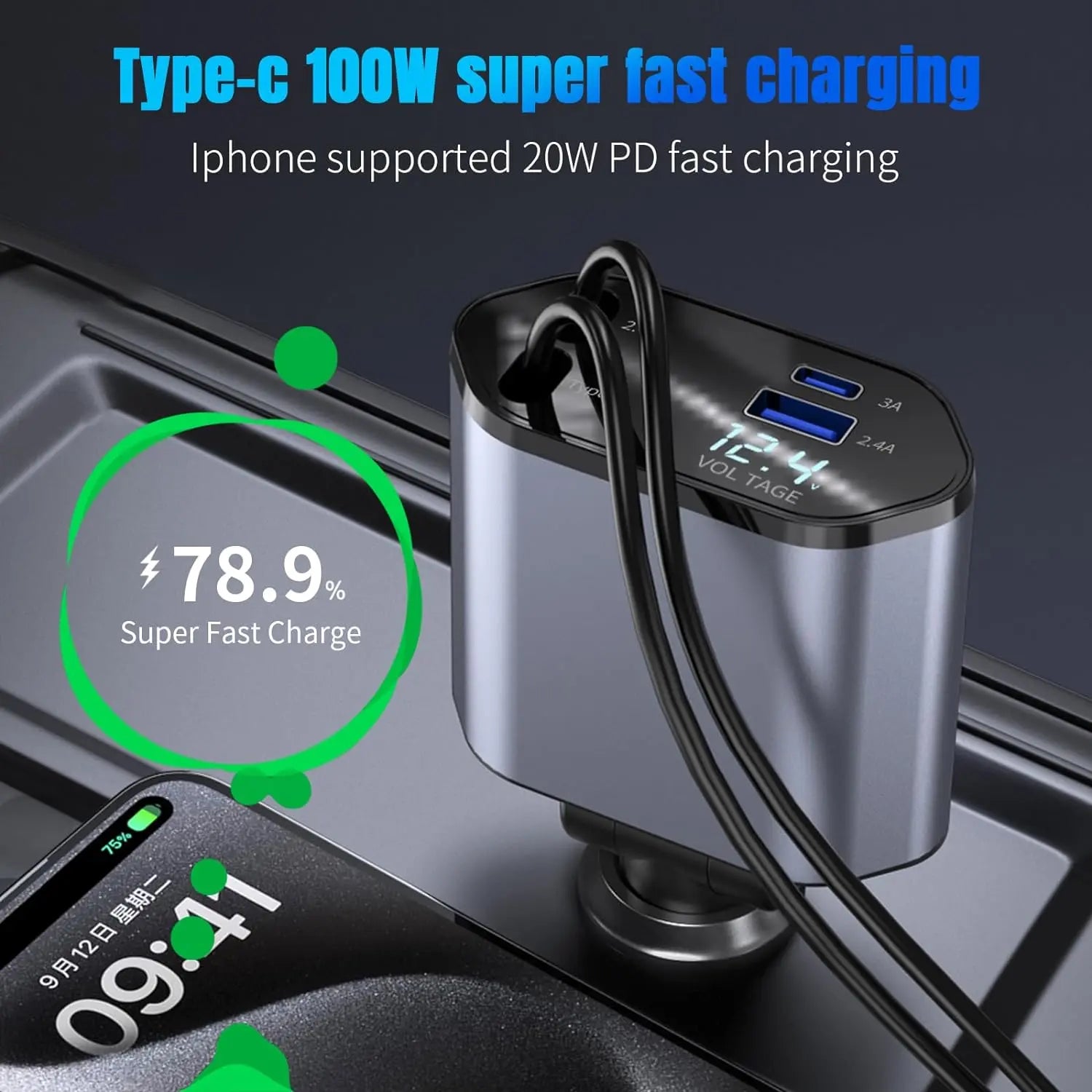 WHATOOK 4-In-1 USB Car Charger - Fastcharging, Dual Ports, Retractable Lightning Connector, Starlight Roof Light, Portable Adapter for Travelers, Daily Users, Iphone, Android, Ipad, Switch (Auto Car Interior Accessory), Portable Phone Charger, Phone Charg