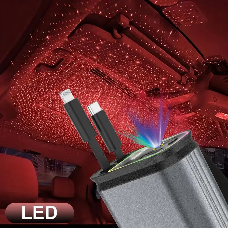 WHATOOK 4-In-1 USB Car Charger - Fastcharging, Dual Ports, Retractable Lightning Connector, Starlight Roof Light, Portable Adapter for Travelers, Daily Users, Iphone, Android, Ipad, Switch (Auto Car Interior Accessory), Portable Phone Charger, Phone Charg
