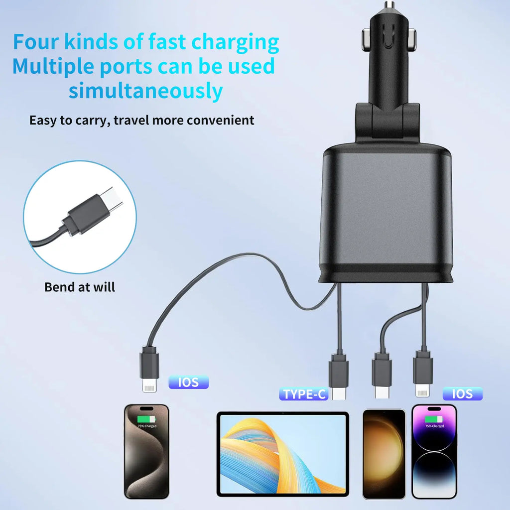 WHATOOK 4-In-1 USB Car Charger - Fastcharging, Dual Ports, Retractable Lightning Connector, Starlight Roof Light, Portable Adapter for Travelers, Daily Users, Iphone, Android, Ipad, Switch (Auto Car Interior Accessory), Portable Phone Charger, Phone Charg