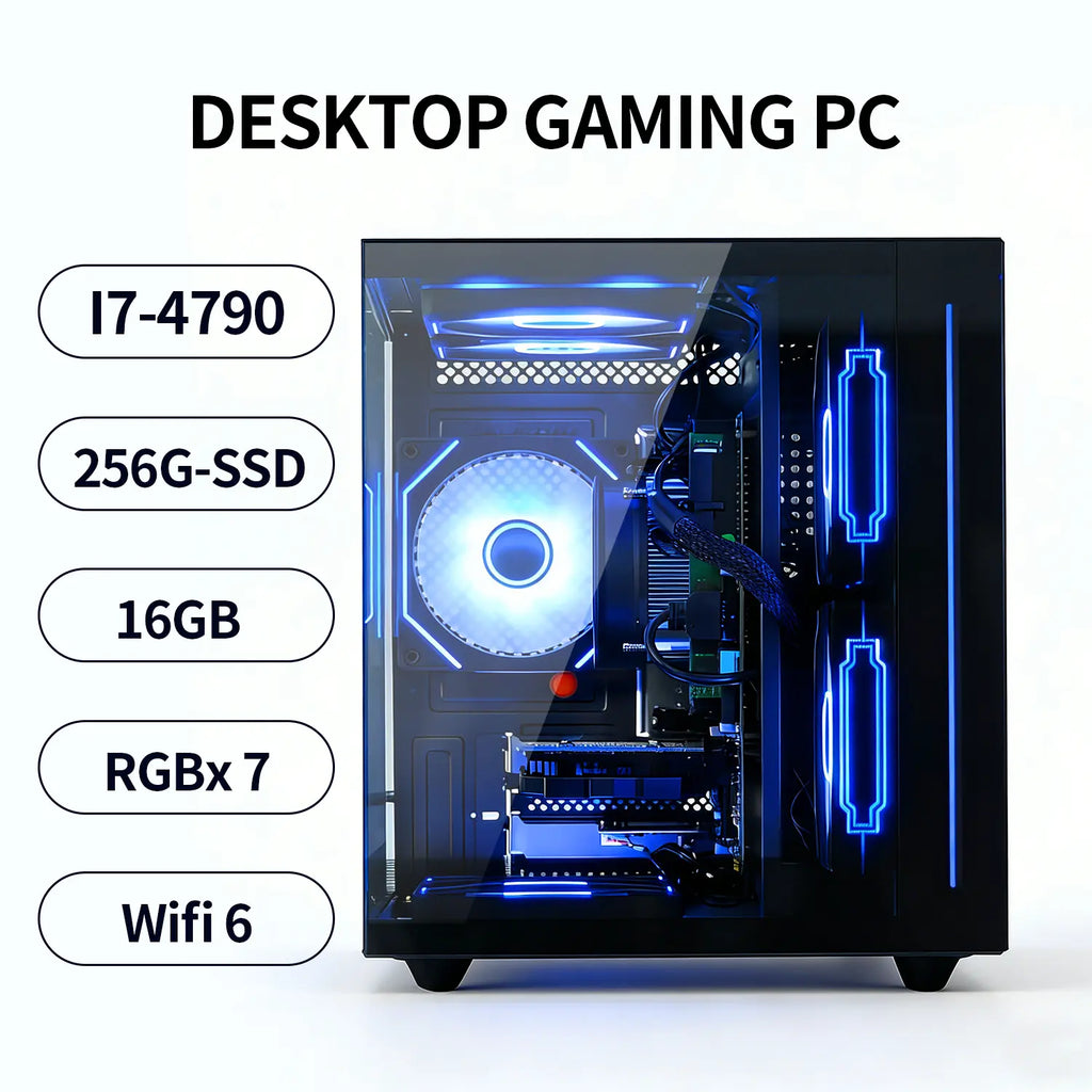 Suevery Prebuilt Gaming PC Desktop Tower - Intel I7-4790, 16GB DDR3 RAM, 256GB SSD, 7 RGB Fans, Wifi 6, HDMI/VGA Ports,