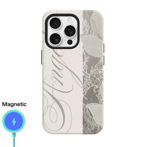 Women'S Angel Wing & Lace Magnetic Smartphone Case - 2-In-1 Korean Style Handheld Devices Protection, Aesthetic Coquette Black White Print, Shockproof Hard PC + Soft TPU Bumper, Slim Waterproof Camera-Safe Cellphone Accessory