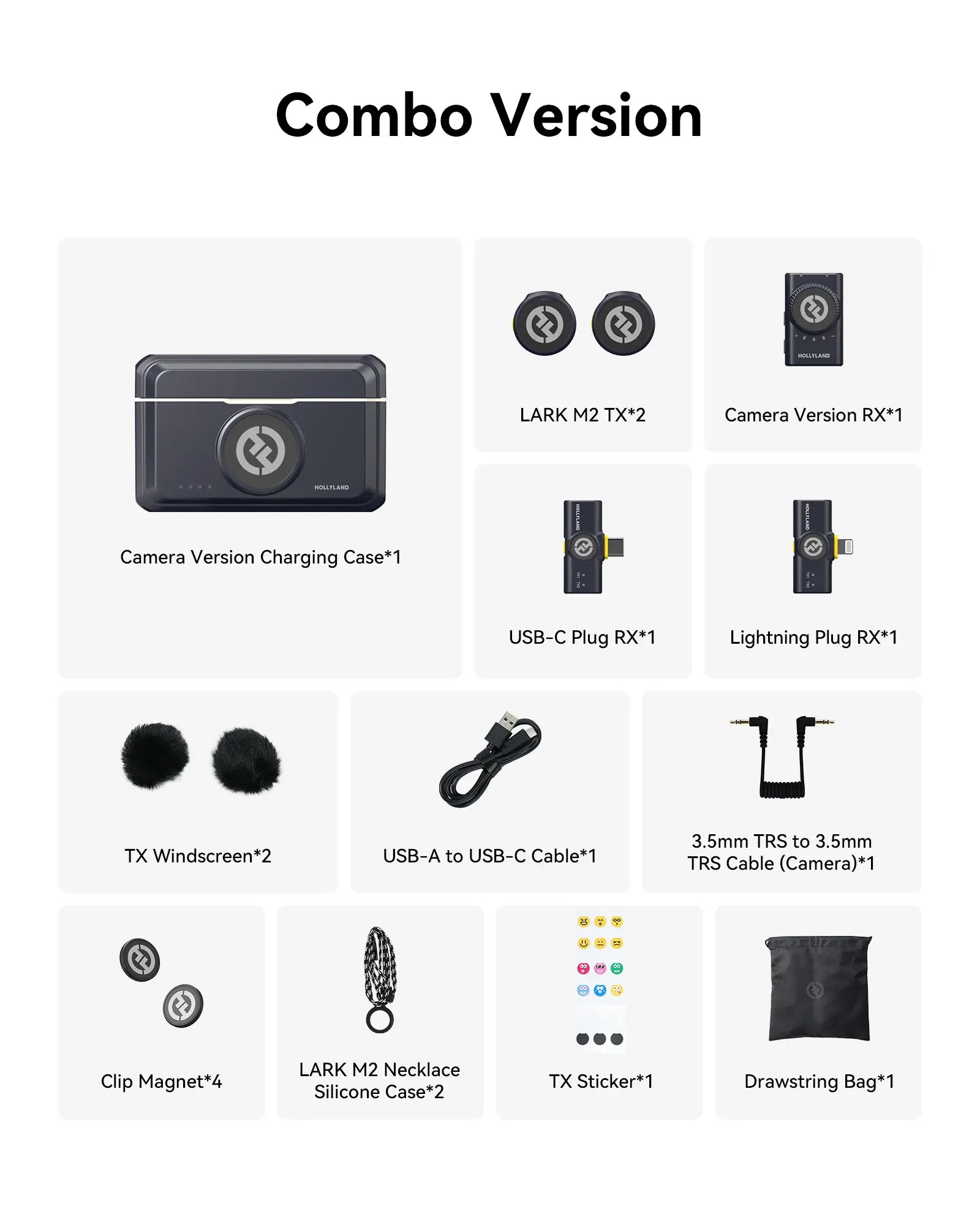 Hollyland Lark M2 Wireless Microphone for Smartphone, Camera, Computer, 48Khz/24-Bit High Fidelity Stereo Audio, 300M Range, Noise Cancelling, 40H Use, Recording, Charging (Black, Camera RX + USB-C RX)