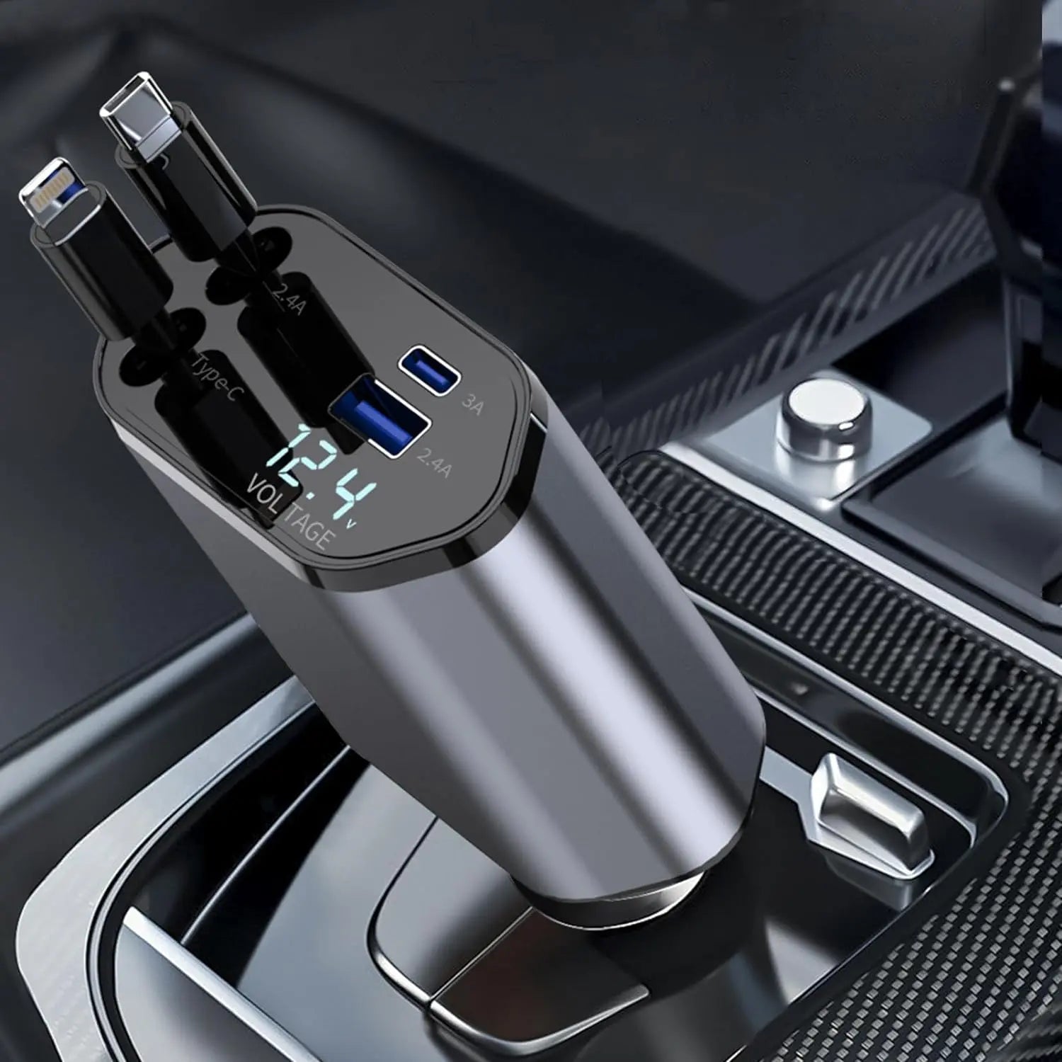 WHATOOK 4-In-1 USB Car Charger - Fastcharging, Dual Ports, Retractable Lightning Connector, Starlight Roof Light, Portable Adapter for Travelers, Daily Users, Iphone, Android, Ipad, Switch (Auto Car Interior Accessory), Portable Phone Charger, Phone Charg