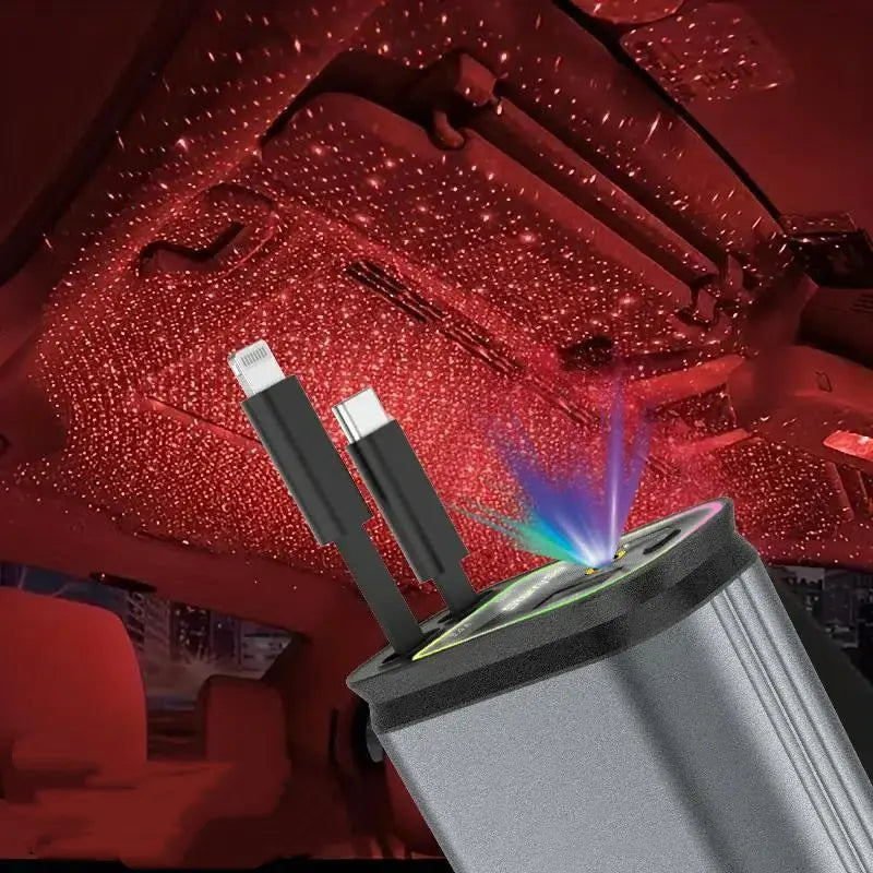 WHATOOK 4-In-1 USB Car Charger - Fastcharging, Dual Ports, Retractable Lightning Connector, Starlight Roof Light, Portable Adapter for Travelers, Daily Users, Iphone, Android, Ipad, Switch (Auto Car Interior Accessory), Portable Phone Charger, Phone Charg