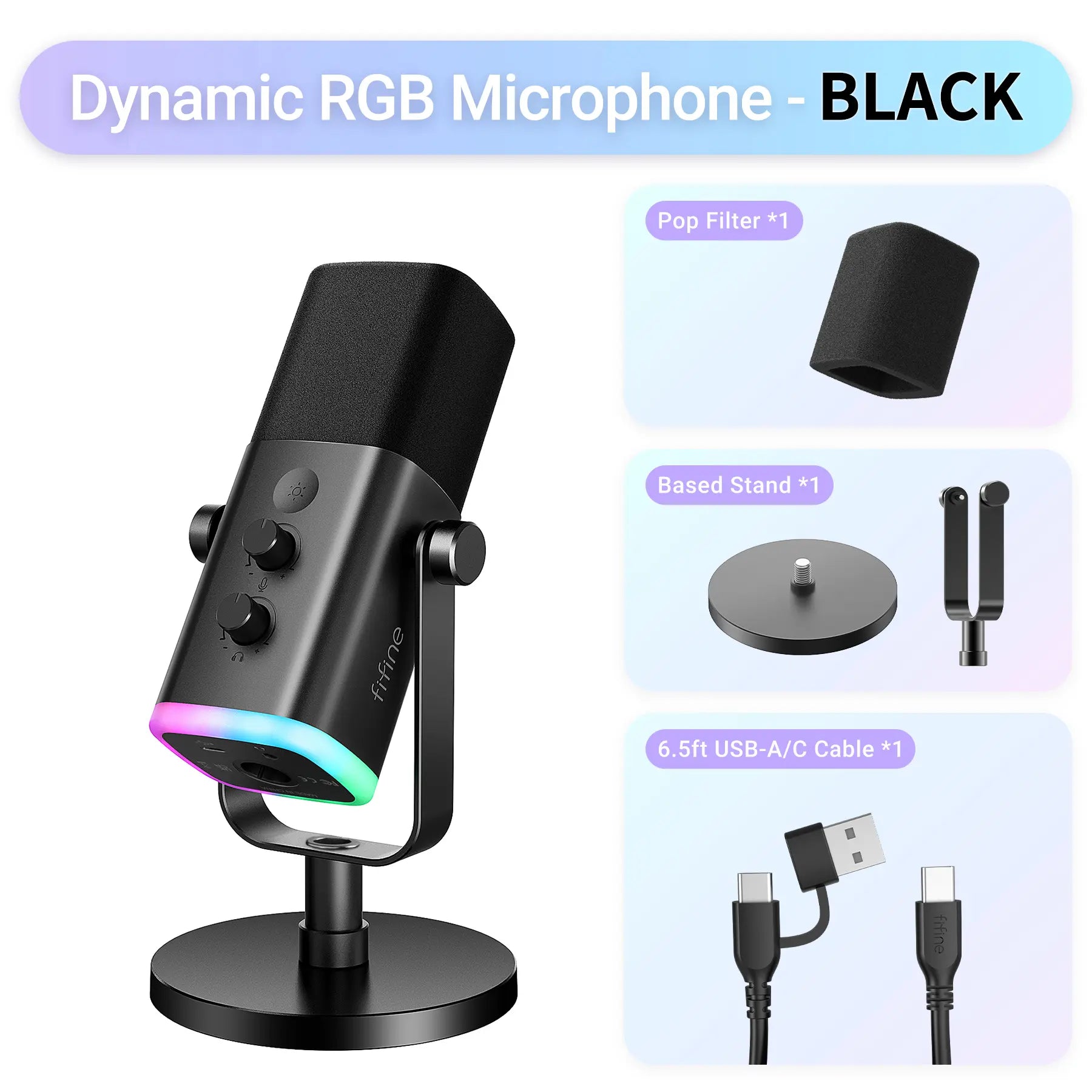 Fifine AM8 XLR/USB Gaming Microphone for Podcast Recording, Dynamic RGB Mic with Quick Mute, Headphone Jack, Gain Knob, Volume Control, Desktop Mic for PC Gamer, XLR Mic for Audio Interface Mixer, for USB-C Smartphone