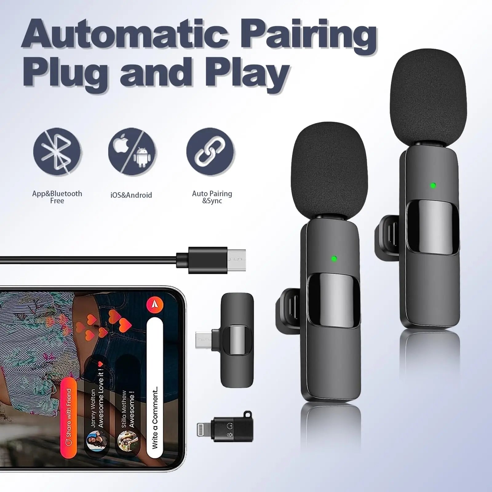Upgraded Professional Mini Wireless Lavalier Microphone,Noise Reduction Clip on Mic for Iphone 15, Ios and Android Devices , 2 Pack Cordless Omnidirectional Condenser Recording Mic for Interview, Video, Podcast, Youtube