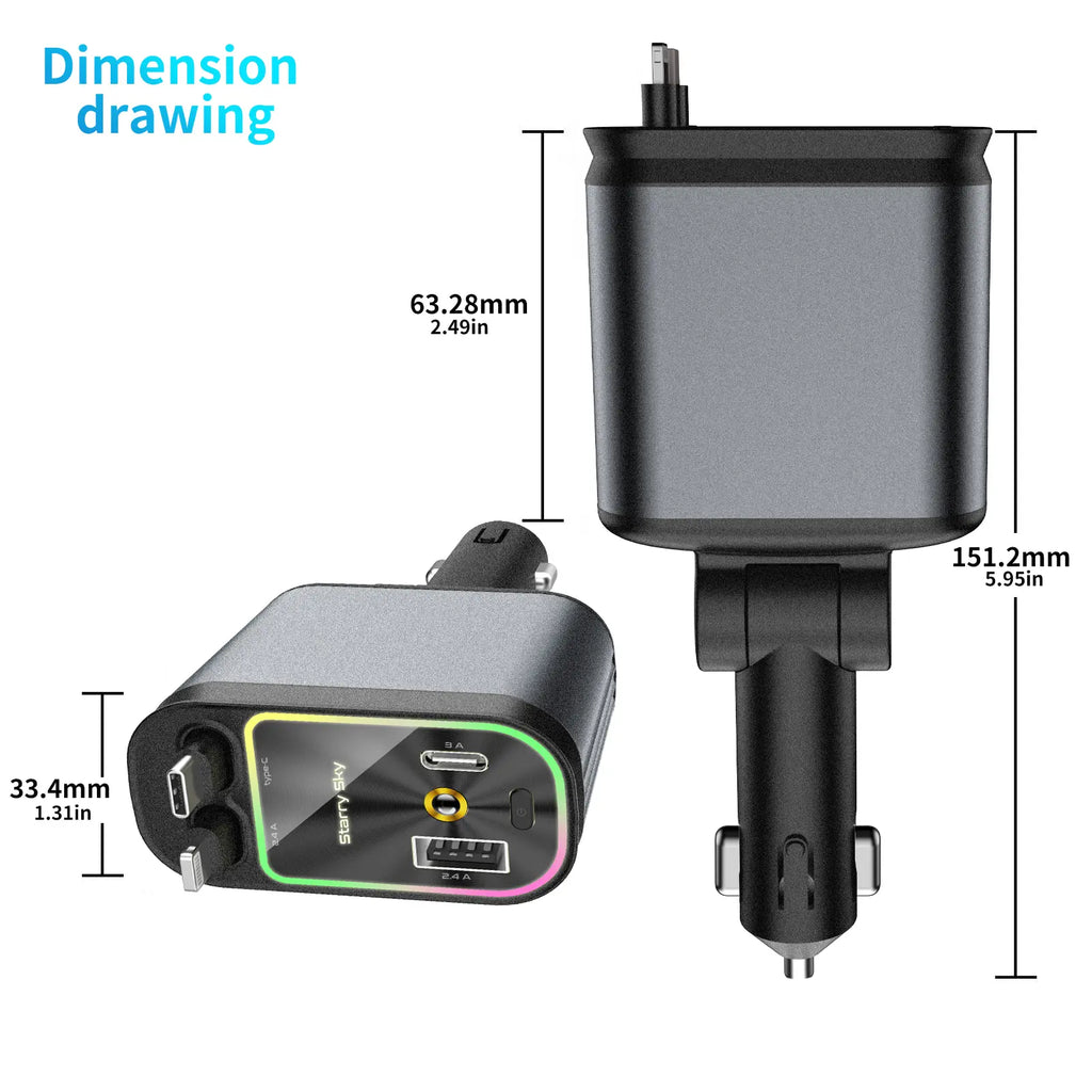 WHATOOK 4-In-1 USB Car Charger - Fastcharging, Dual Ports, Retractable Lightning Connector, Starlight Roof Light, Portable Adapter for Travelers, Daily Users, Iphone, Android, Ipad, Switch (Auto Car Interior Accessory), Portable Phone Charger, Phone Charg