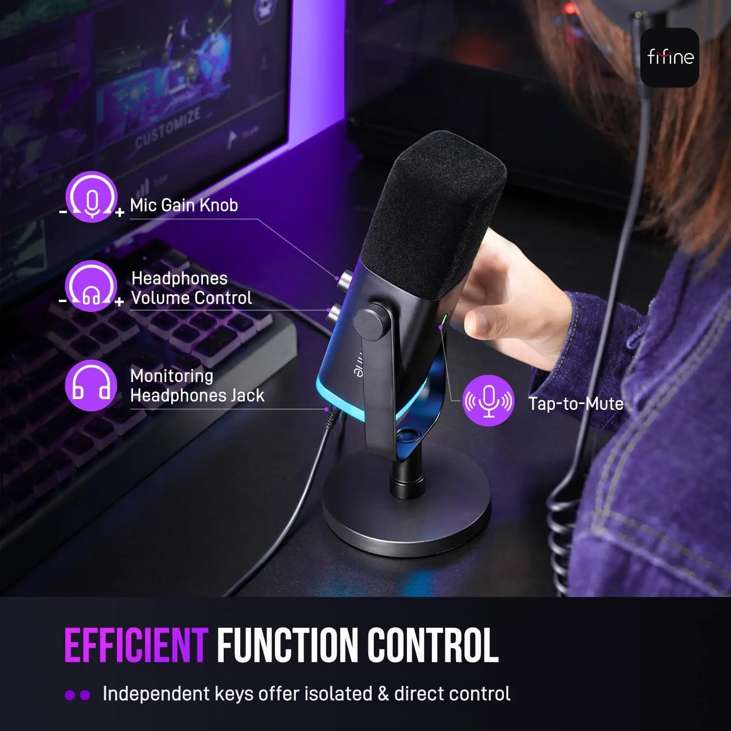 Fifine AM8 XLR/USB Gaming Microphone for Podcast Recording, Dynamic RGB Mic with Quick Mute, Headphone Jack, Gain Knob, Volume Control, Desktop Mic for PC Gamer, XLR Mic for Audio Interface Mixer, for USB-C Smartphone
